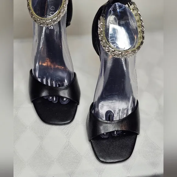 Guess Rhinestone Black Ankle Strap Heeled Sandals,  Women's Size 10M