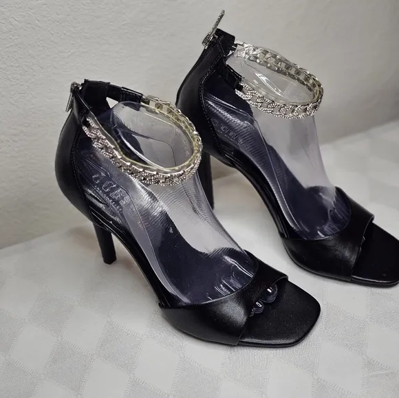 Guess Rhinestone Black Ankle Strap Heeled Sandals,  Women's Size 10M