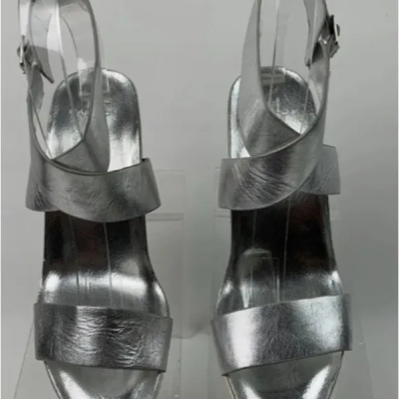 H by Halston Nala Sandals Silver Leather Slingback Ankle Buckle Strap Size 8