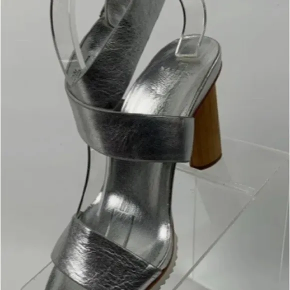 H by Halston Nala Sandals Silver Leather Slingback Ankle Buckle Strap Size 8