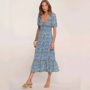Heartloom Caudid Smocked Midi Dress M Blue Floral Cottagecore NEW