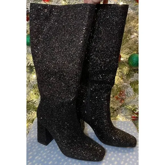 Hey‎ Girl YOLO Black Glitter Knee-High Boots Block Heel Perfect Party Statement