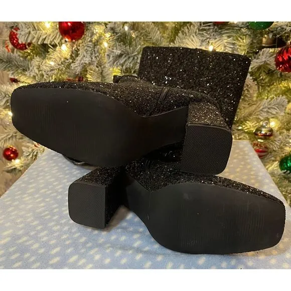 Hey‎ Girl YOLO Black Glitter Knee-High Boots Block Heel Perfect Party Statement