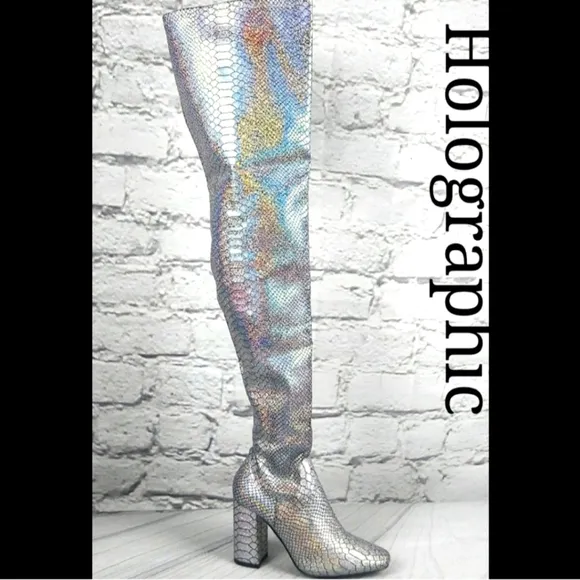 Holographic Silver Thigh high Boots