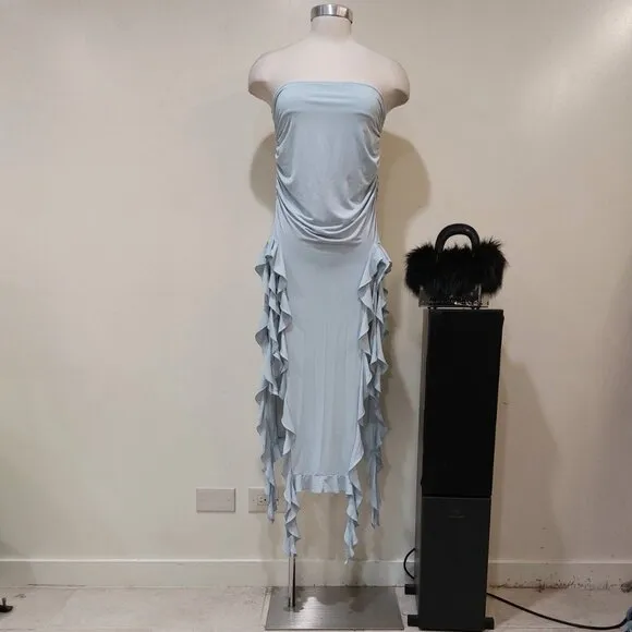 💥HOT ITEM💥VTG 90s Vibe Strapless Side Splits Asymmetrical Dress in Baby Blue