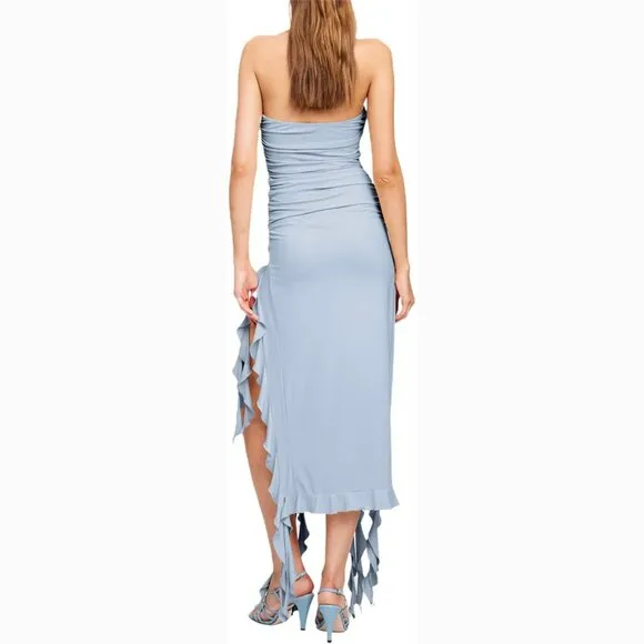 💥HOT ITEM💥VTG 90s Vibe Strapless Side Splits Asymmetrical Dress in Baby Blue