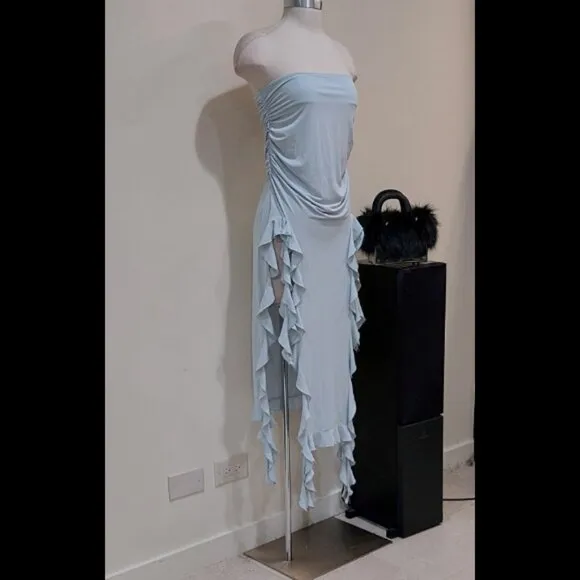 💥HOT ITEM💥VTG 90s Vibe Strapless Side Splits Asymmetrical Dress in Baby Blue