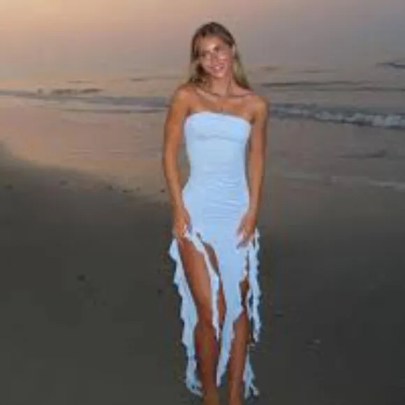 💥HOT ITEM💥VTG 90s Vibe Strapless Side Splits Asymmetrical Dress in Baby Blue