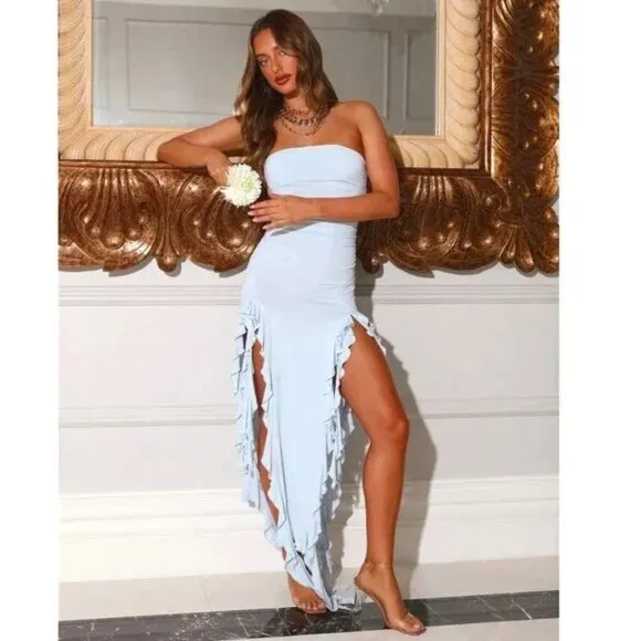 💥HOT ITEM💥VTG 90s Vibe Strapless Side Splits Asymmetrical Dress in Baby Blue