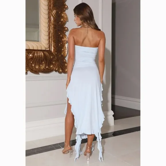 💥HOT ITEM💥VTG 90s Vibe Strapless Side Splits Asymmetrical Dress in Baby Blue