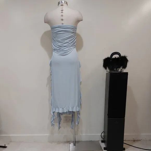 💥HOT ITEM💥VTG 90s Vibe Strapless Side Splits Asymmetrical Dress in Baby Blue