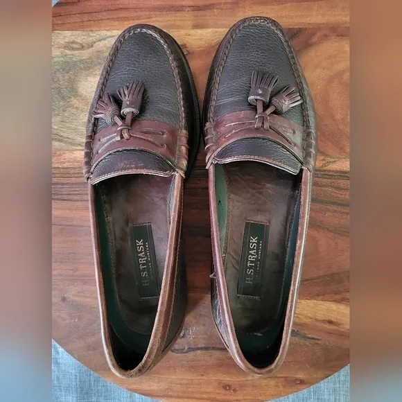 H.S. Trask Pebble Leather Loafer w/ Tassel Two-tone Brown Men's 10W