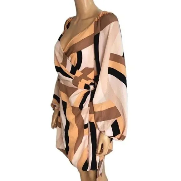 Hutch Anthropologie Women's Pink Sand Wave Wrap Mini Dress Puff Sleeves XS