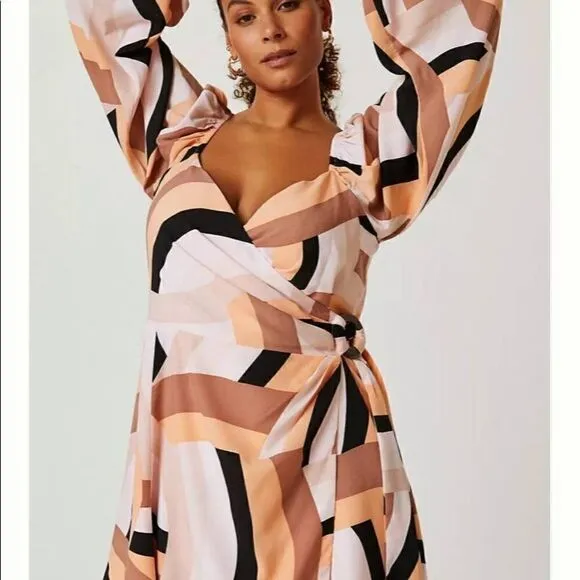 Hutch Anthropologie Women's Pink Sand Wave Wrap Mini Dress Puff Sleeves XS