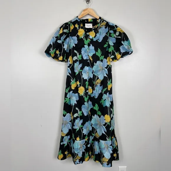 HYACINTH HOUSE Black &amp; Airy Blue Floral Mimi Midi Dress