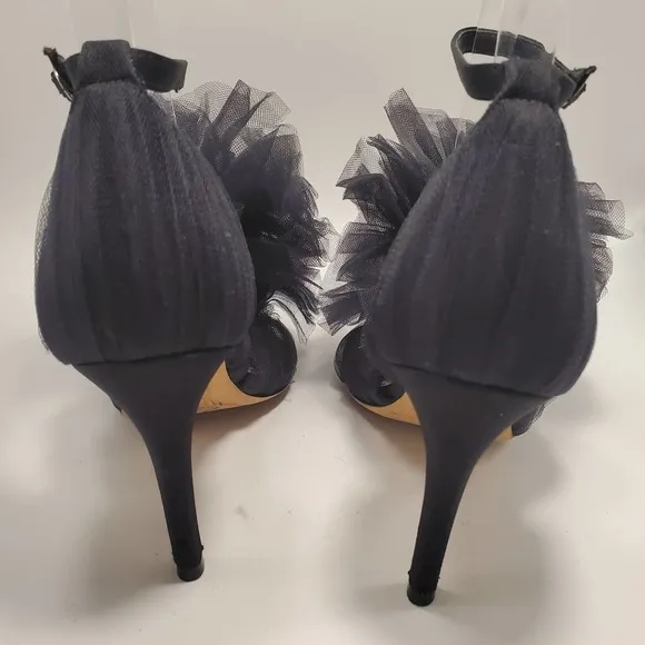 Isa Tapia Gigi Black Satin Tulle Oversized Bow Sandals Pumps Romantic, sz 37