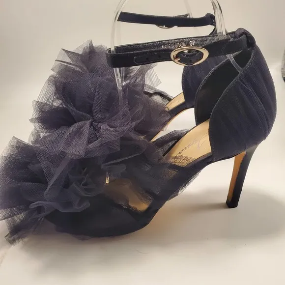 Isa Tapia Gigi Black Satin Tulle Oversized Bow Sandals Pumps Romantic, sz 37