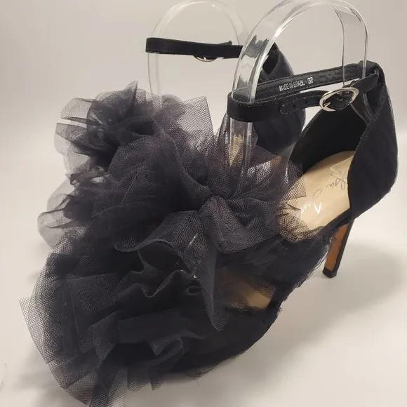 Isa Tapia Gigi Black Satin Tulle Oversized Bow Sandals Pumps Romantic, sz 37
