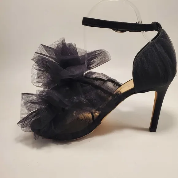 Isa Tapia Gigi Black Satin Tulle Oversized Bow Sandals Pumps Romantic, sz 37