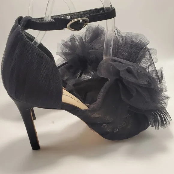 Isa Tapia Gigi Black Satin Tulle Oversized Bow Sandals Pumps Romantic, sz 37