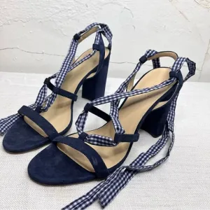J Crew Ankle Wrap Heels Size 10.5 Gingham Pacific Blue Suede Sandals Open Toe