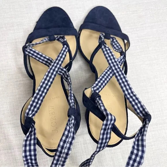 J Crew Ankle Wrap Heels Size 10.5 Gingham Pacific Blue Suede Sandals Open Toe