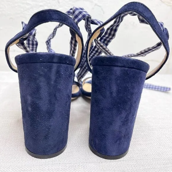 J Crew Ankle Wrap Heels Size 10.5 Gingham Pacific Blue Suede Sandals Open Toe
