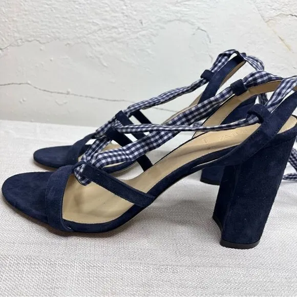 J Crew Ankle Wrap Heels Size 10.5 Gingham Pacific Blue Suede Sandals Open Toe