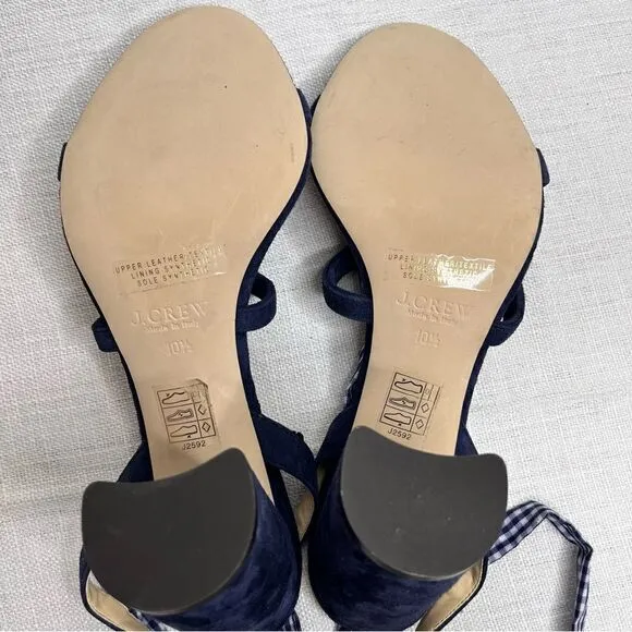 J Crew Ankle Wrap Heels Size 10.5 Gingham Pacific Blue Suede Sandals Open Toe