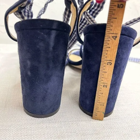 J Crew Ankle Wrap Heels Size 10.5 Gingham Pacific Blue Suede Sandals Open Toe