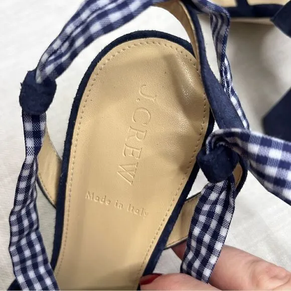 J Crew Ankle Wrap Heels Size 10.5 Gingham Pacific Blue Suede Sandals Open Toe