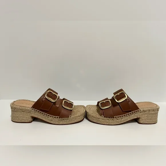 J Crew Made-in-Spain block-heel espadrilles in brown leather CA017 gold buckle 7