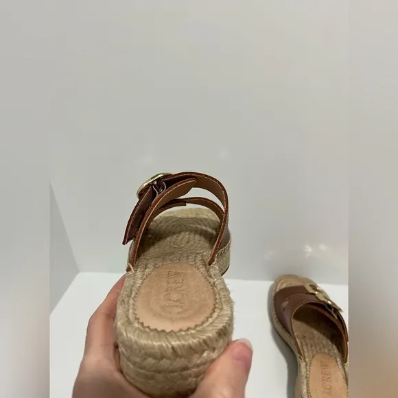 J Crew Made-in-Spain block-heel espadrilles in brown leather CA017 gold buckle 7