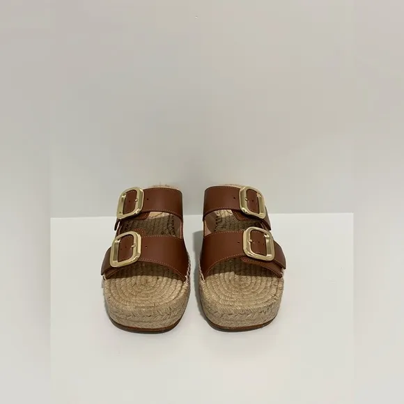J Crew Made-in-Spain block-heel espadrilles in brown leather CA017 gold buckle 7
