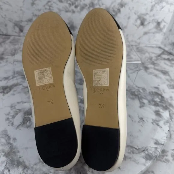 J Crew Womens Captoe Ballet Flats Size 7.5 Ivory Black Leather Bow Preppy Twee
