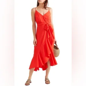 J. Crew Wrap-effect Ruffled Crepe De Chine Midi Dress In Tomato Red Size 12 L