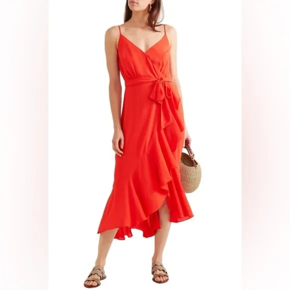 J. Crew Wrap-effect Ruffled Crepe De Chine Midi Dress In Tomato Red Size 12 L
