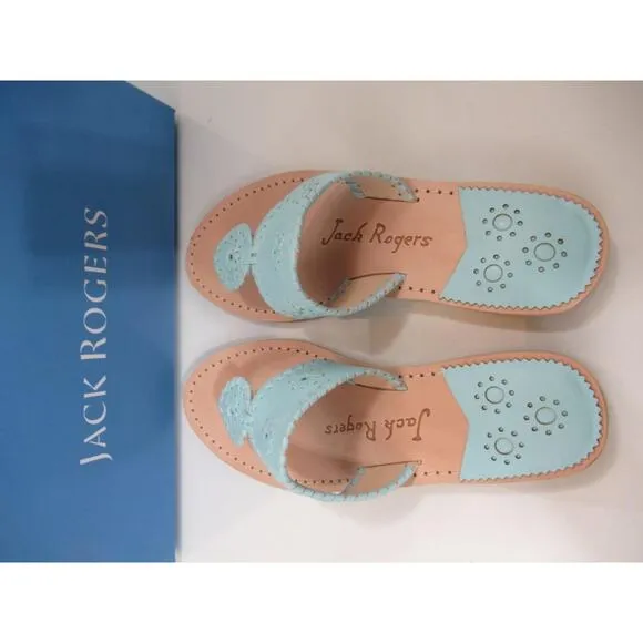 Jack Rogers Jacks Flat Thong Sandals Signature Leather Turquoise Size 7