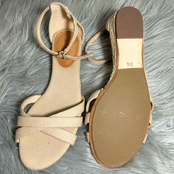 J.Crew Marina Mini-Wedge Cross Straps Espadrilles Cream Sandals Size 5 1/2