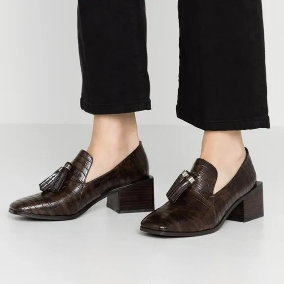 Jeffery Campbell Torbett Heeled Tassel Loafers 8 Black Croc Embossed $168