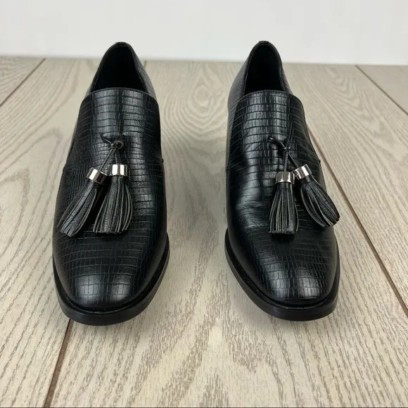 Jeffery Campbell Torbett Heeled Tassel Loafers 8 Black Croc Embossed $168