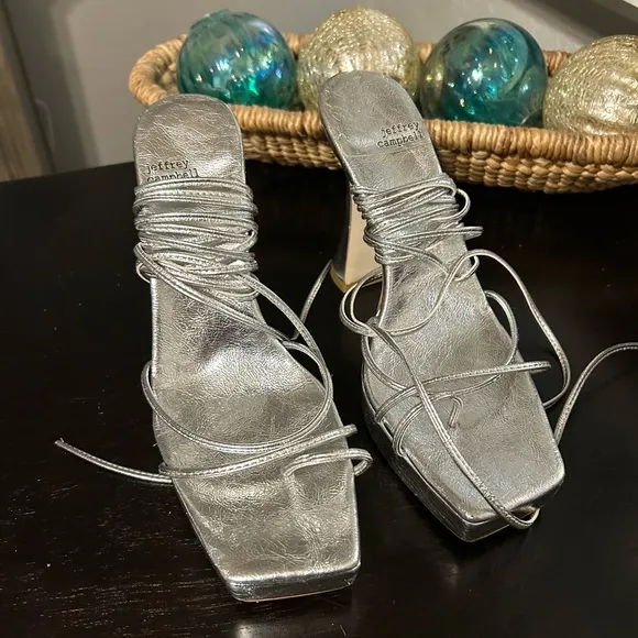 Jeffrey Campbell Primadonna Silver Platform Ankle Wrap Heels Size 10