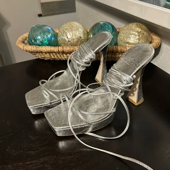 Jeffrey Campbell Primadonna Silver Platform Ankle Wrap Heels Size 10