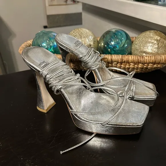 Jeffrey Campbell Primadonna Silver Platform Ankle Wrap Heels Size 10