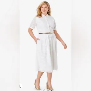 Jessica London White Eyelet Cotton Midi Dress 18W Midi Shirt Dress Pockets 18W