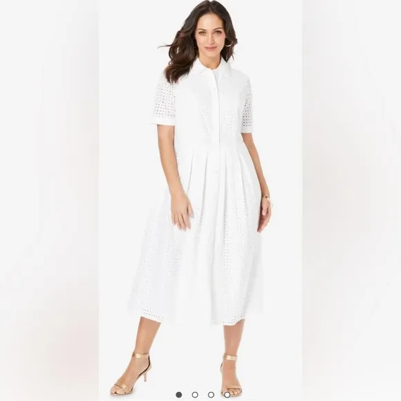 Jessica London White Eyelet Cotton Midi Dress 18W Midi Shirt Dress Pockets 18W