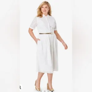 Jessica London White Eyelet Cotton Midi Dress 18W Midi Shirt Dress Pockets 18W