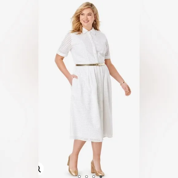 Jessica London White Eyelet Cotton Midi Dress 18W Midi Shirt Dress Pockets 18W