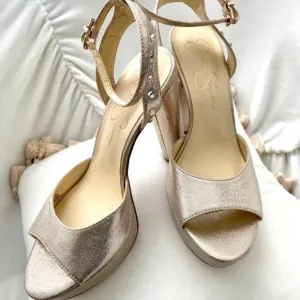 Jessica Simpson 8M Ankle Strap Platform High Heel Sandals Glitter Beige Used