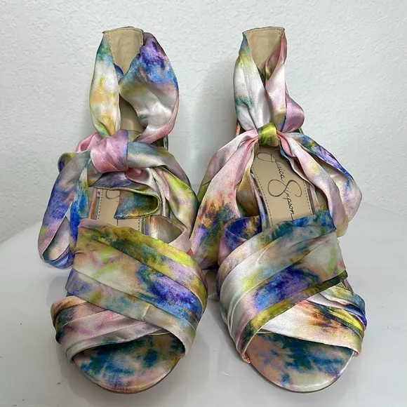 JESSICA SIMPSON NOELENE TIE DYE PEEP TOE ANKLE WRAP BLOCK HEEL SANDALS **NWOT**